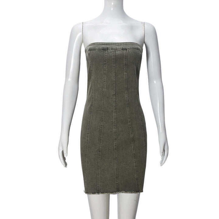 Backless Tube Denim Dress Summer Sexy Y2K Slim Short