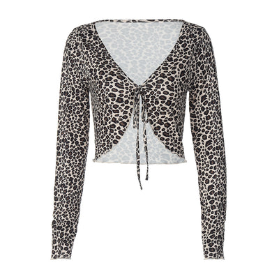 Cardigan Lace-up Leopard Print Long Sleeve