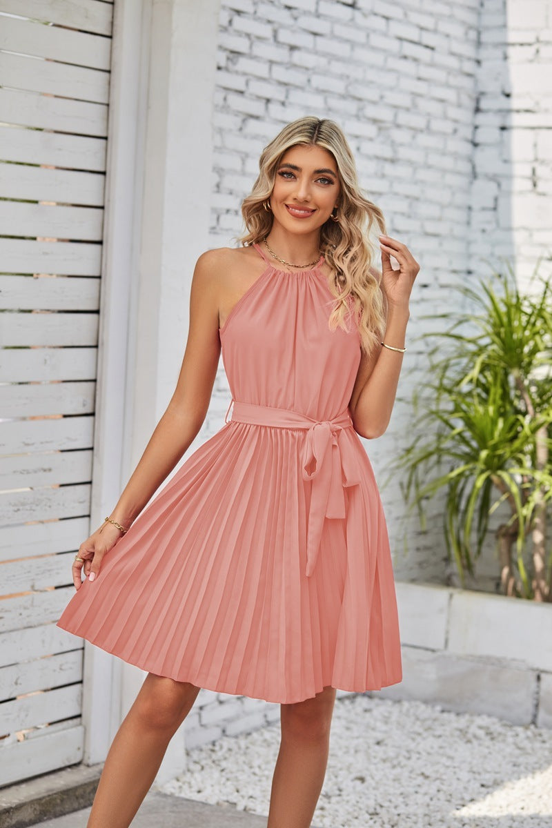 Halter Strapless  Solid Pleated Skirt Summer Beach Sundress