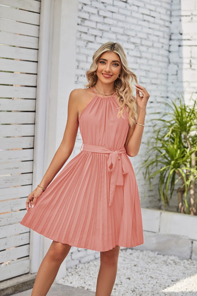 Halter Strapless  Solid Pleated Skirt Summer Beach Sundress