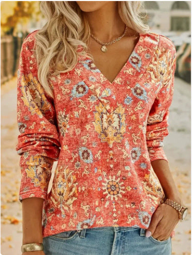 Big Size Bohemian Printed Long Sleeve T-Shirt Summer Fashion V-Neck Top Beach Clothing For Women