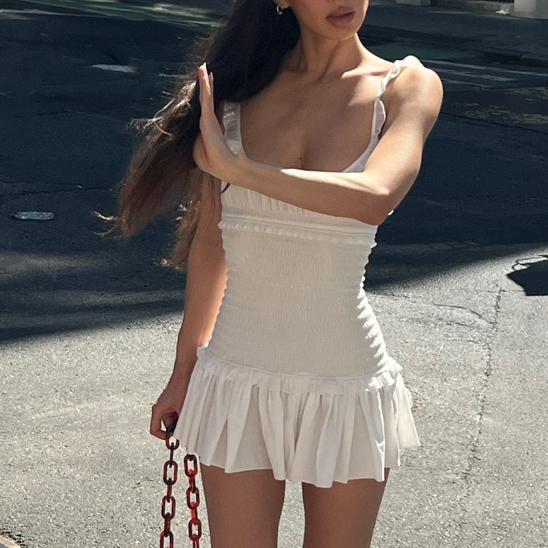 Sexy Pure Desire U Collar Wood Ear Solid Color Dress