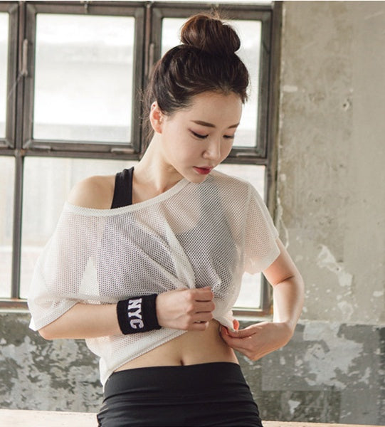 Yoga Shirt Hollow Out Mesh Blouse Crop Tops Sports Running Tshirt Breathable Fitness Tops Gym
