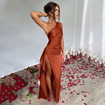 Sexy One-shoulder Backless Slit  Elegant Slim-fit Solid Color Satin