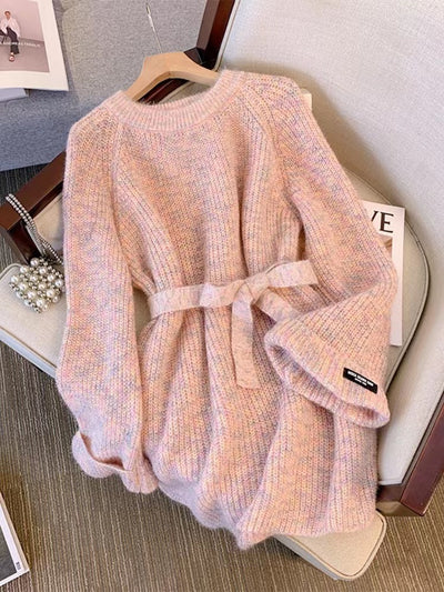 Plus Size Round Neck Sweater Autumn Women Clothing Idle Style Chubby Slimming Mid-length Waist Tight Pullover Sweater