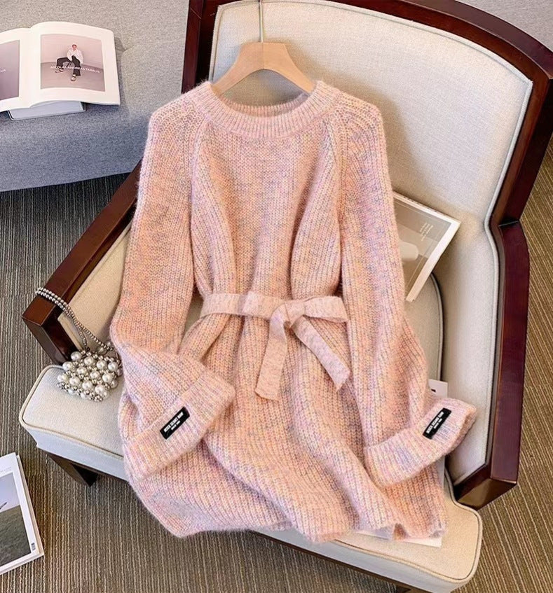 Plus Size Round Neck Sweater Autumn Women Clothing Idle Style Chubby Slimming Mid-length Waist Tight Pullover Sweater