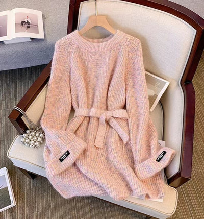 Plus Size Round Neck Sweater Autumn Women Clothing Idle Style Chubby Slimming Mid-length Waist Tight Pullover Sweater