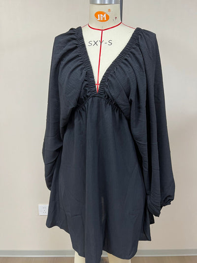 V-neck Long-sleeve Dress Self-designed Puff Sleeve Swing Skirt