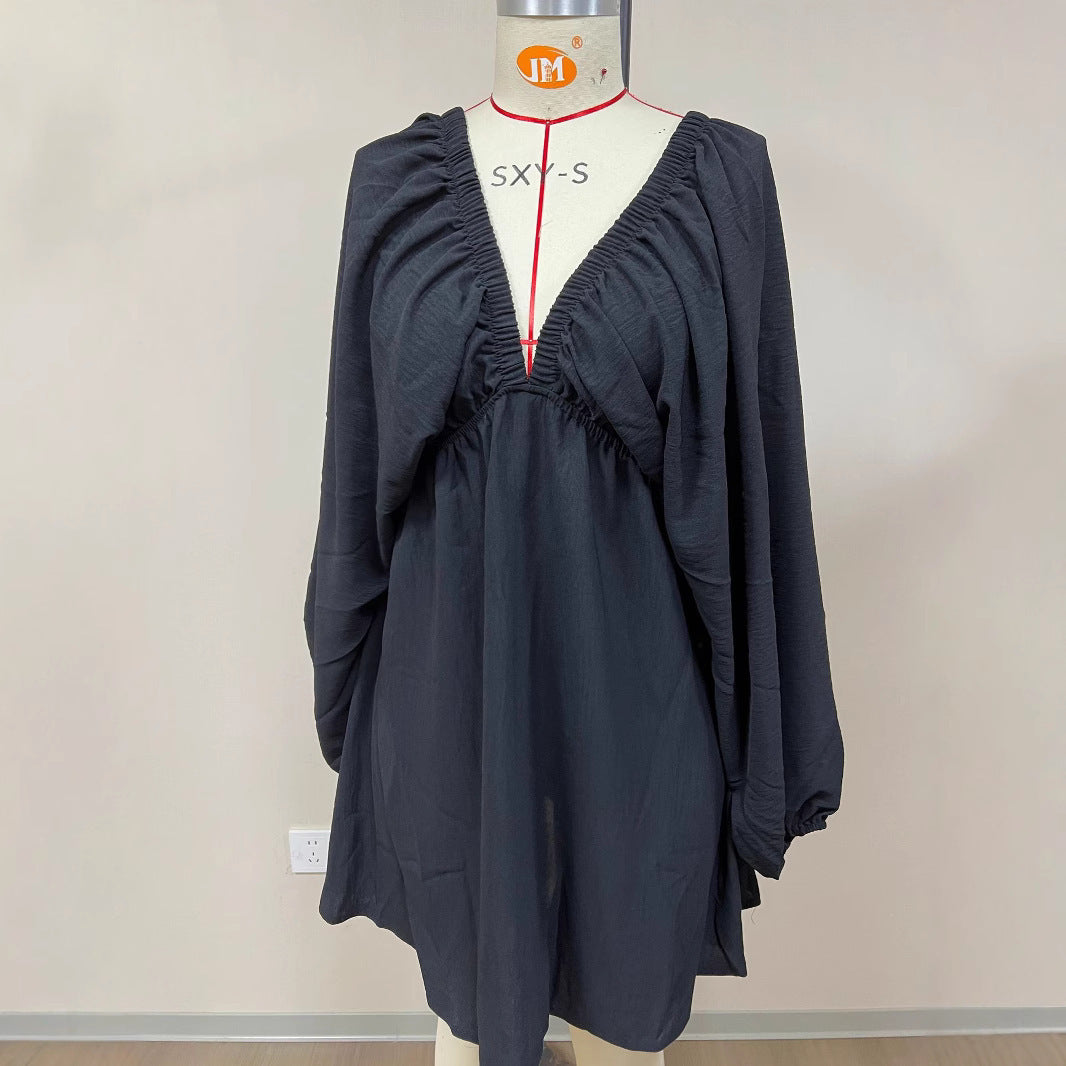 V-neck Long-sleeve Dress Self-designed Puff Sleeve Swing Skirt