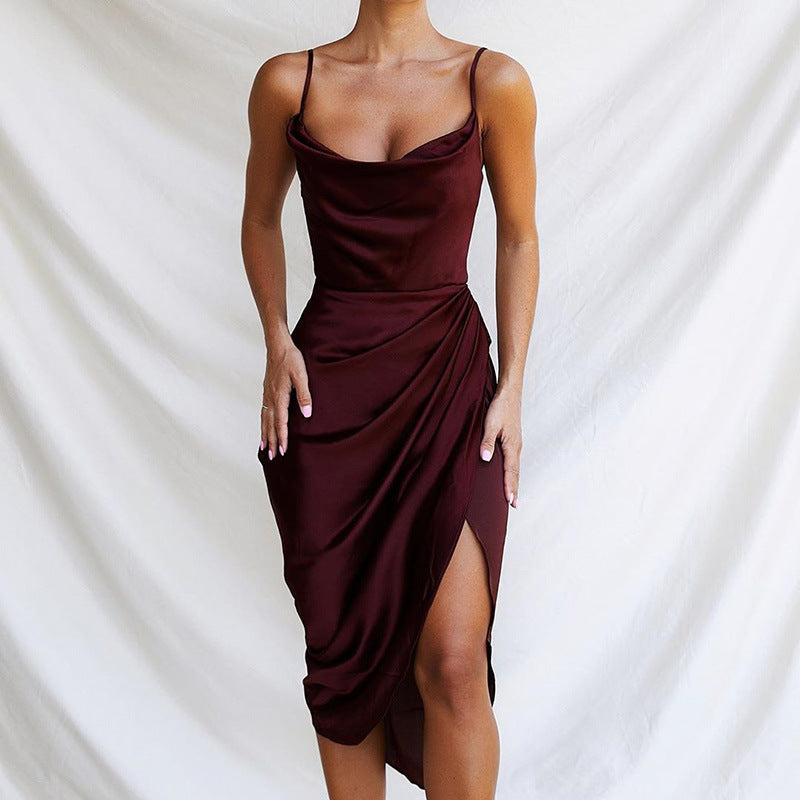 Sexy Slit Satin European And American Slim Sleeveless Split Skirt