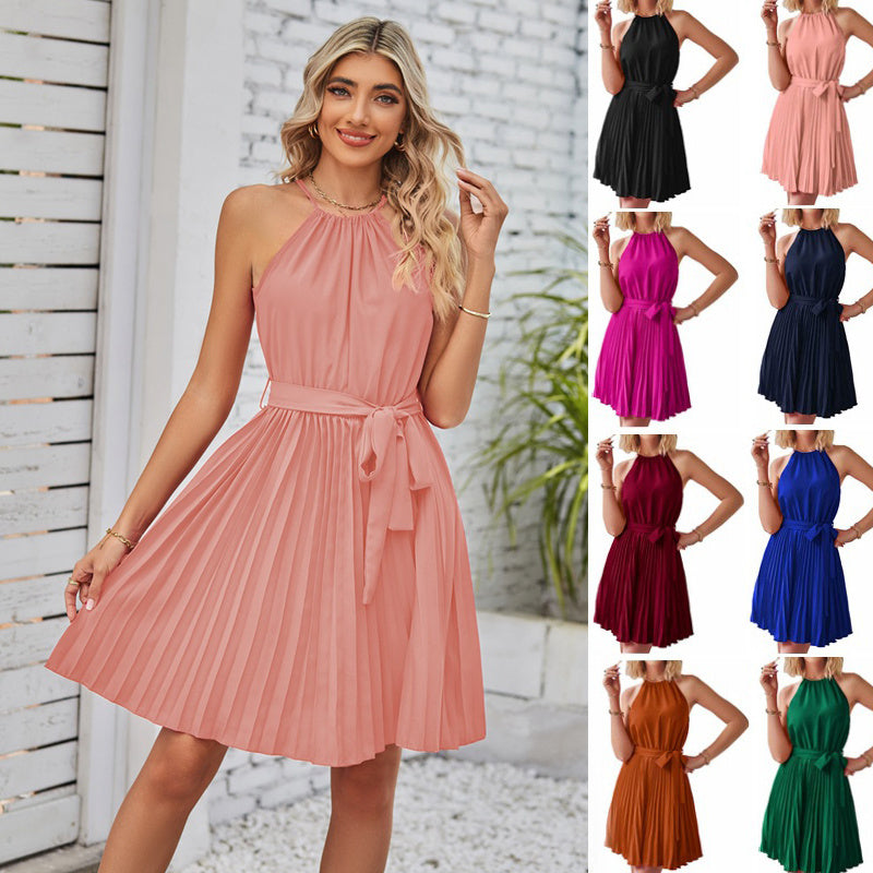 Halter Strapless  Solid Pleated Skirt Summer Beach Sundress