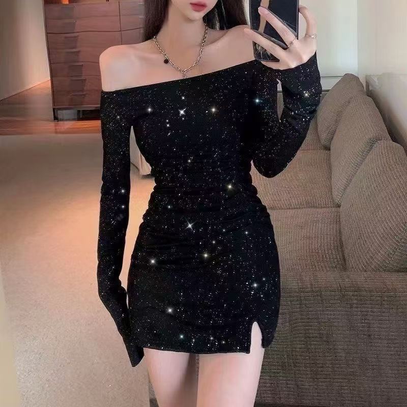 Off-shoulder Dress Women's Slim-fit Sequined Long Sleeve Narrow Short Skirt Sexy