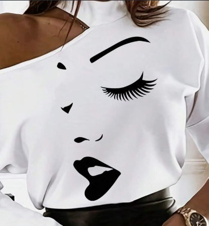 White Long Sleeve T-Shirt With Cartoon Line Pattern & Open Shoulder Design Graphic Tees