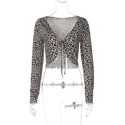 Cardigan Lace-up Leopard Print Long Sleeve