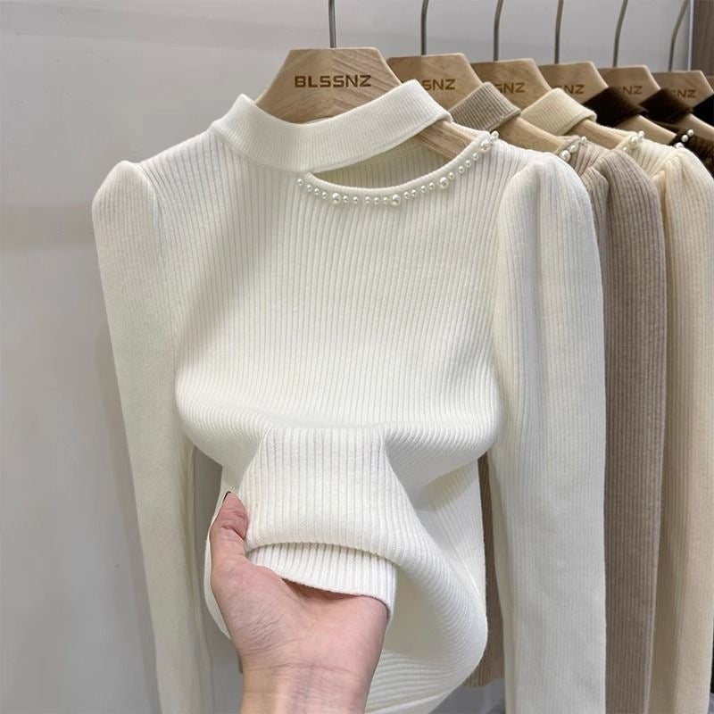 Women's Half Turtleneck Beaded Bottoming Shirt Autumn And Winter High Sense