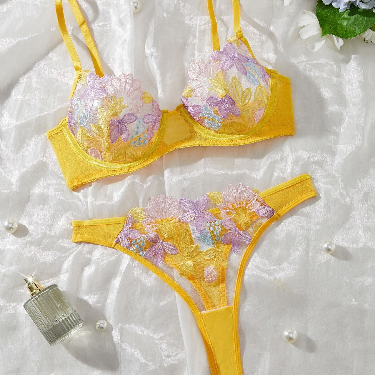 Colorful Flower Bra Set Ultra-thin Non-sponge Push Up Three-point Hollow Women's Underwear