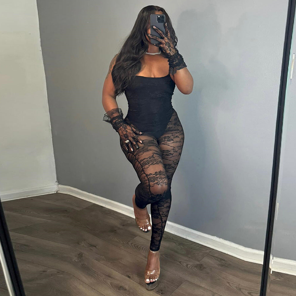 Sexy Women Clothing Sling Style Stitching Sheer Cutout High Elasticity Jumpsuit