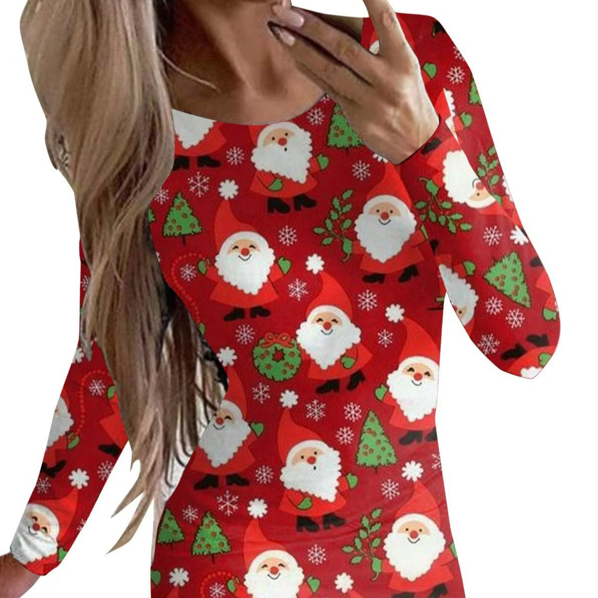 New Christmas Printed Round Neck Long Sleeve Narrow Dress