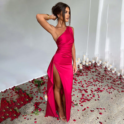 Sexy One-shoulder Backless Slit  Elegant Slim-fit Solid Color Satin