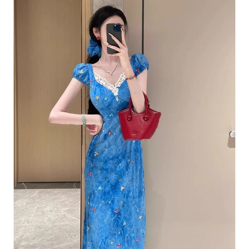 Women's Slim-fit Sheath V-neck Floral Dress