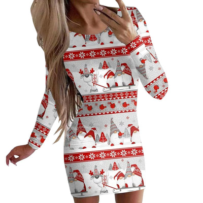 New Christmas Printed Round Neck Long Sleeve Narrow Dress