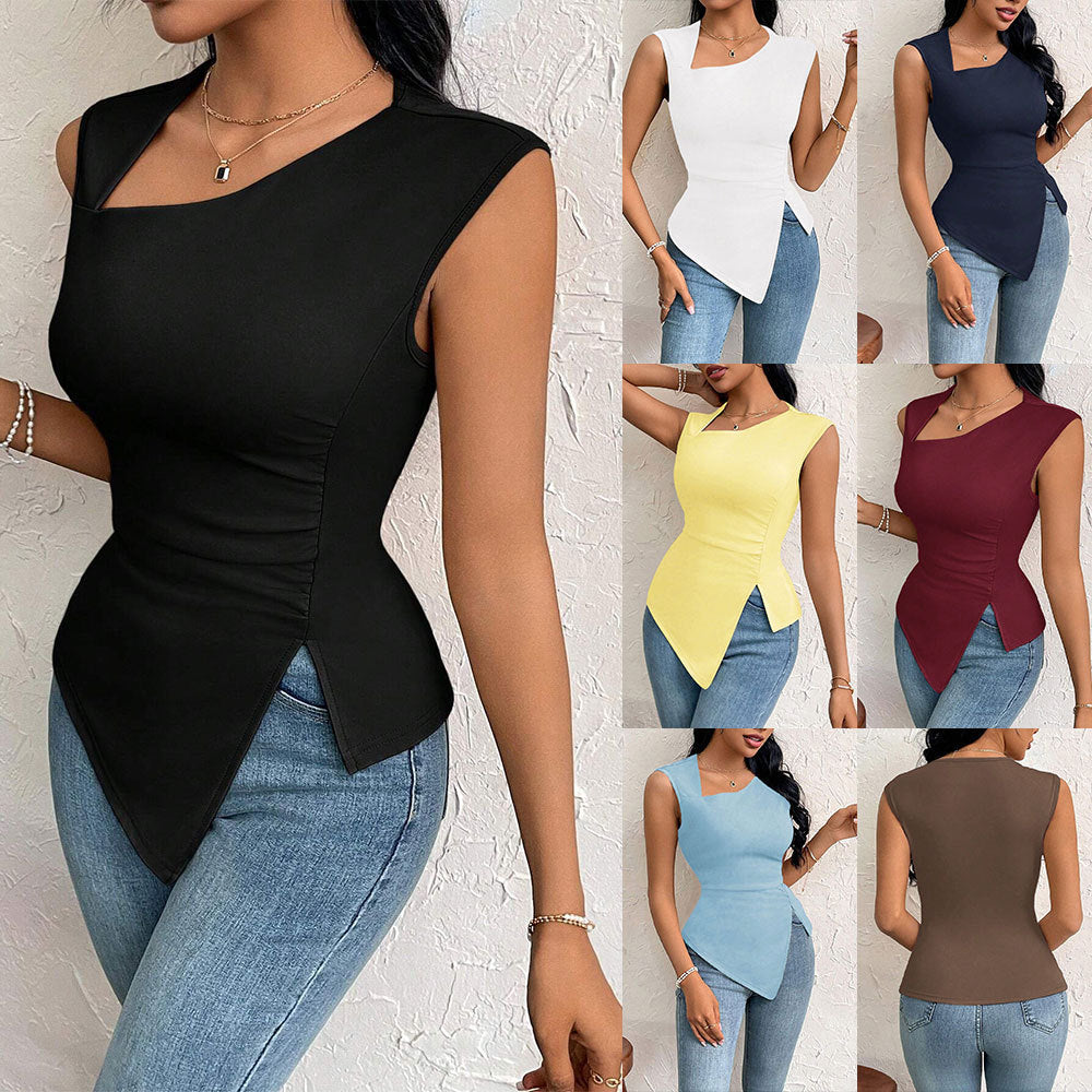 Diagonal Collar Slim-fit Solid Color Short Sleeve