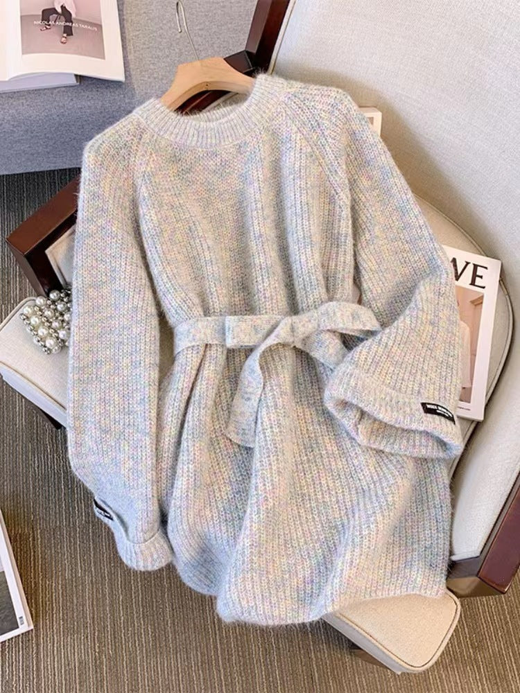 Plus Size Round Neck Sweater Autumn Women Clothing Idle Style Chubby Slimming Mid-length Waist Tight Pullover Sweater