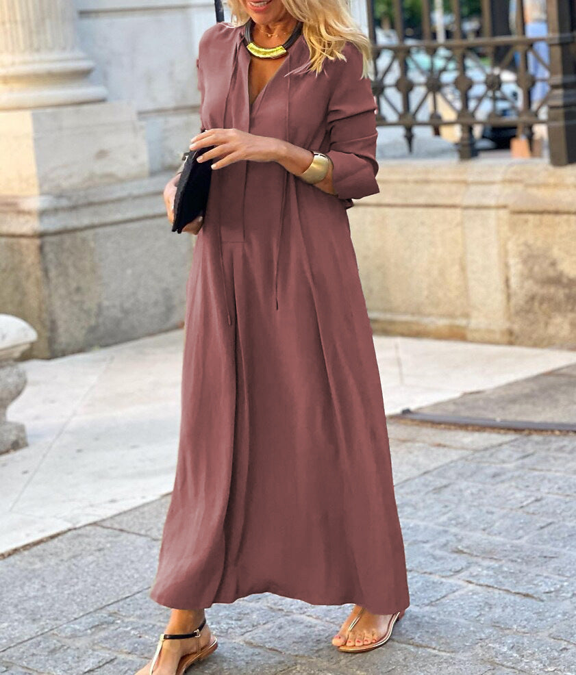 Long-sleeved Shirt Dress Fashion Loose V-neck Long Dresses Spring And Autumn
