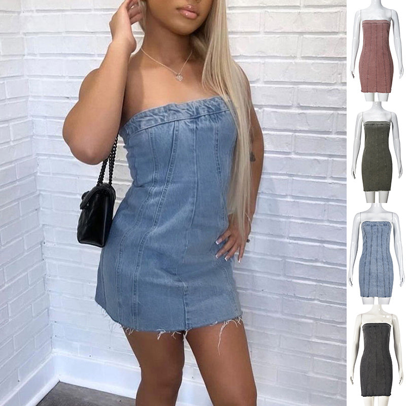 Backless Tube Denim Dress Summer Sexy Y2K Slim Short