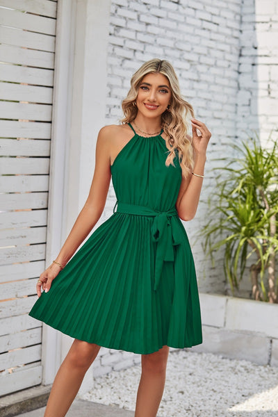 Halter Strapless  Solid Pleated Skirt Summer Beach Sundress