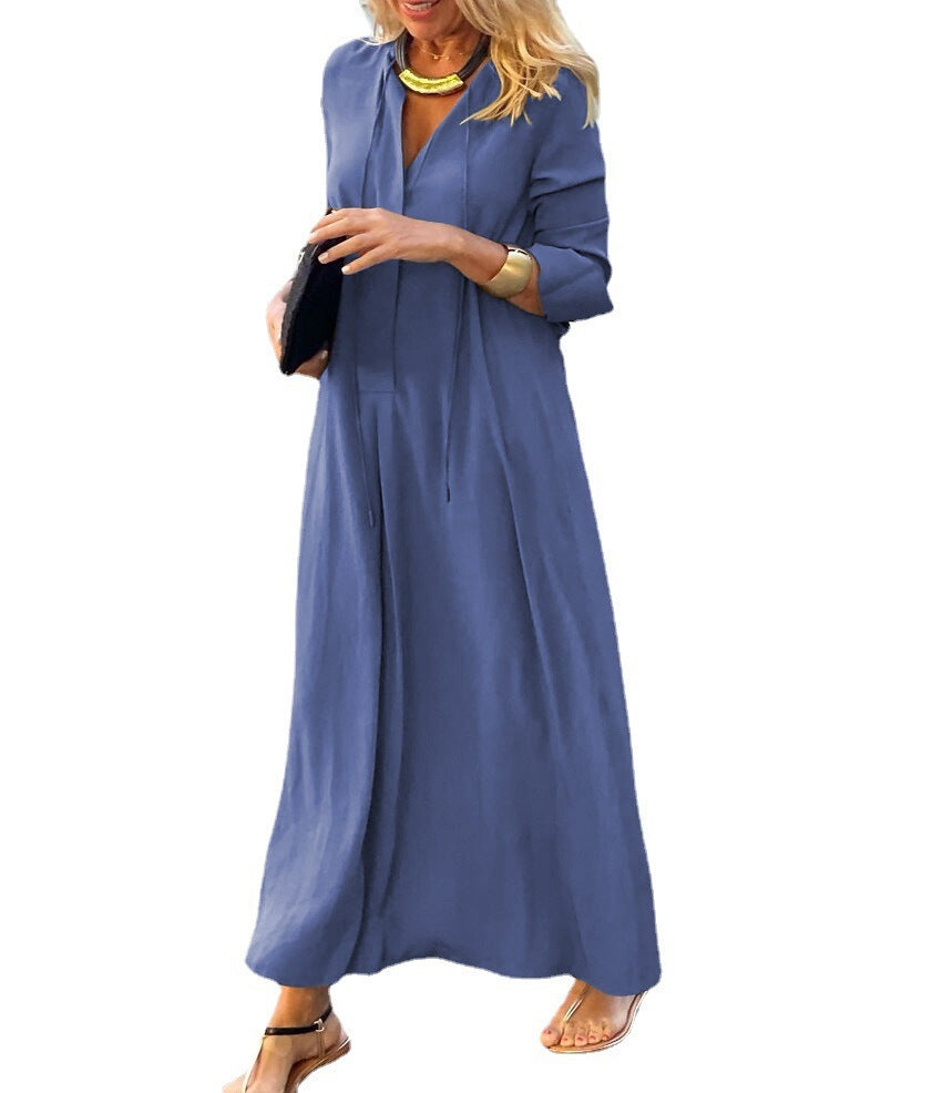 Long-sleeved Shirt Dress Fashion Loose V-neck Long Dresses Spring And Autumn