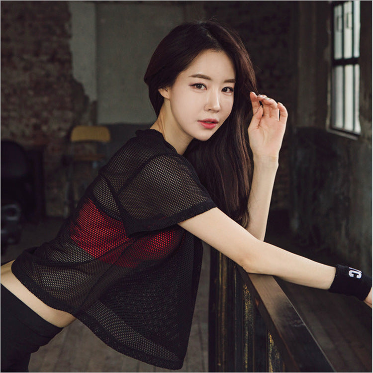 Yoga Shirt Hollow Out Mesh Blouse Crop Tops Sports Running Tshirt Breathable Fitness Tops Gym