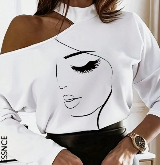 White Long Sleeve T-Shirt With Cartoon Line Pattern & Open Shoulder Design Graphic Tees