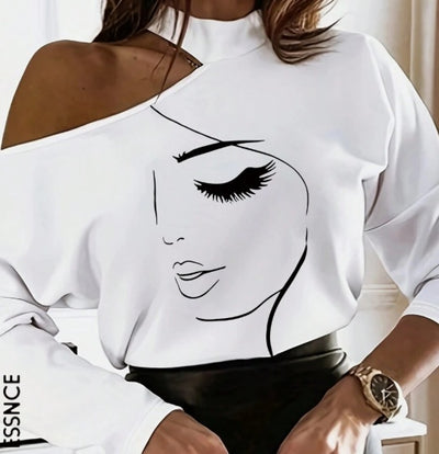 White Long Sleeve T-Shirt With Cartoon Line Pattern & Open Shoulder Design Graphic Tees