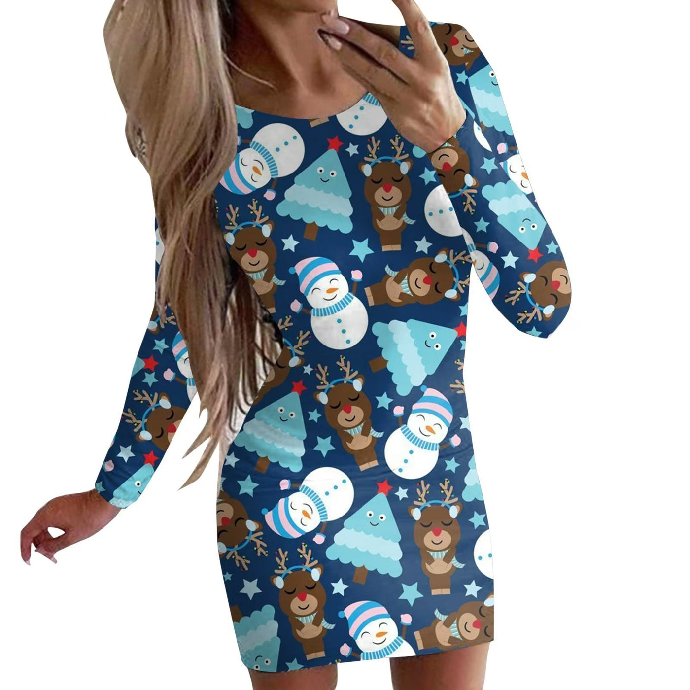New Christmas Printed Round Neck Long Sleeve Narrow Dress