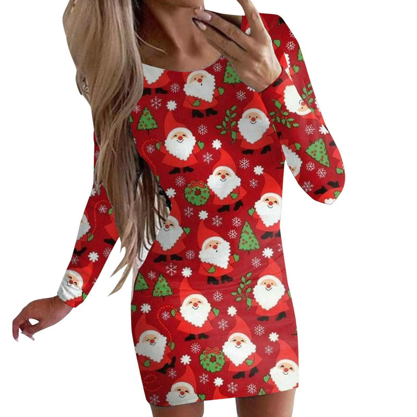 New Christmas Printed Round Neck Long Sleeve Narrow Dress