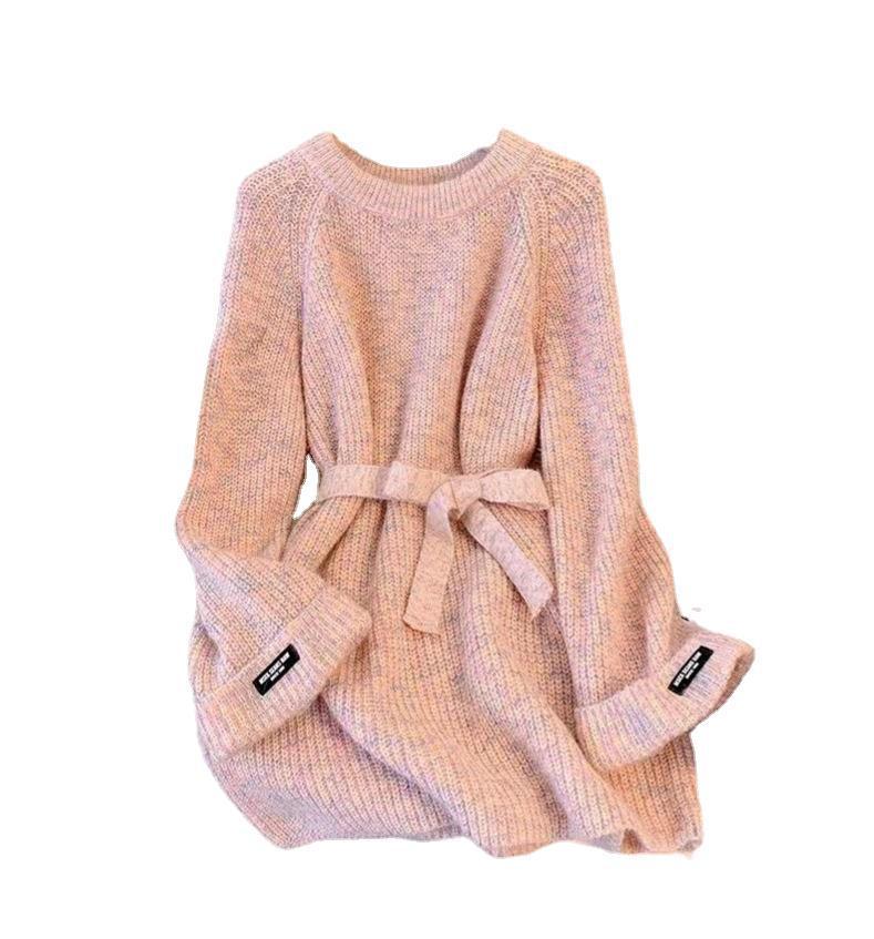 Plus Size Round Neck Sweater Autumn Women Clothing Idle Style Chubby Slimming Mid-length Waist Tight Pullover Sweater