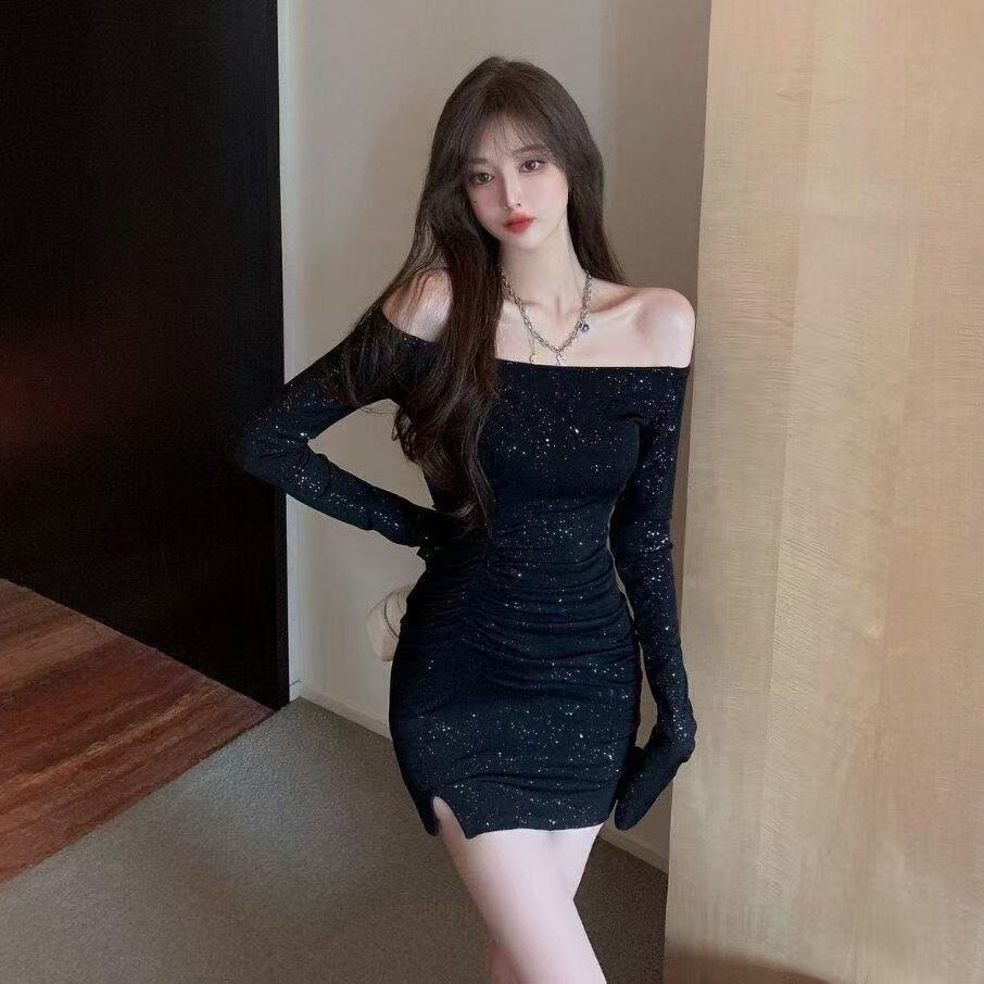Off-shoulder Dress Women's Slim-fit Sequined Long Sleeve Narrow Short Skirt Sexy