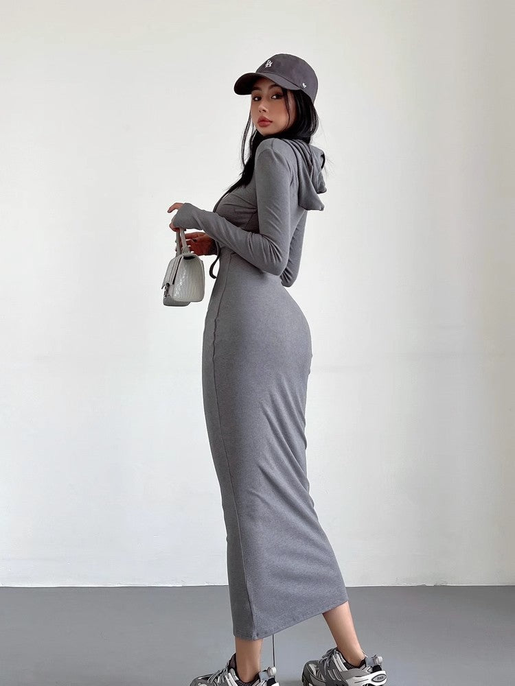 Women's Temperament Sheath Over The Knee Dress Hooded Long Sleeve Underwear Long Dress