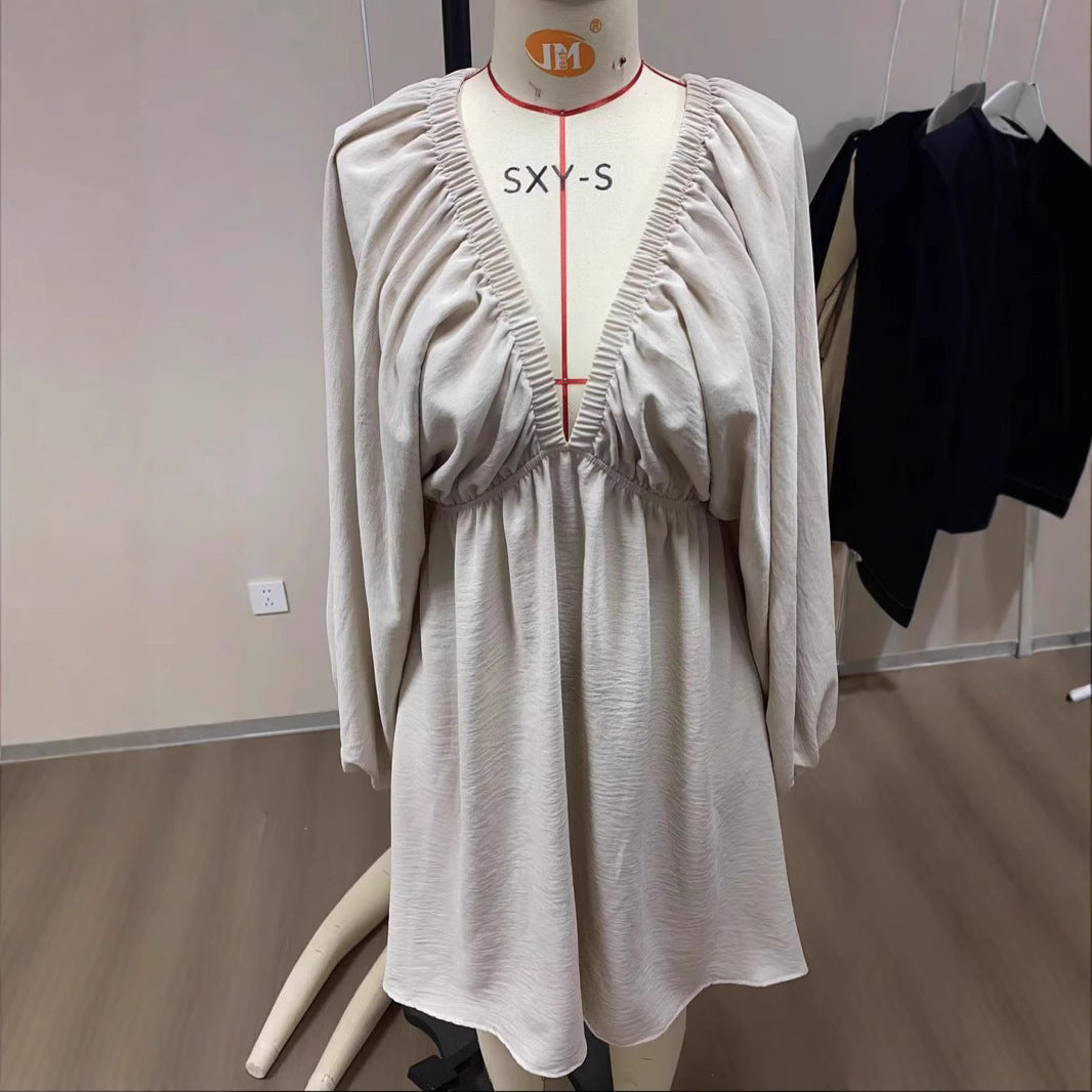 V-neck Long-sleeve Dress Self-designed Puff Sleeve Swing Skirt