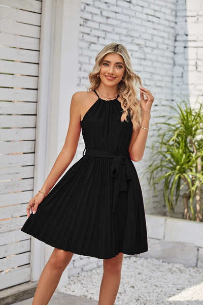 Halter Strapless  Solid Pleated Skirt Summer Beach Sundress