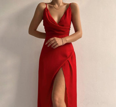 V-neck Slit Sling Dress Summer Fashion Sexy Slim Suspender