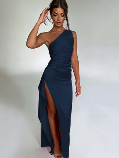 Sexy One-shoulder Backless Slit  Elegant Slim-fit Solid Color Satin