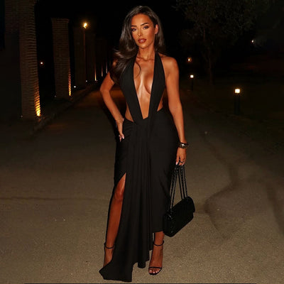 Slim Fit Halter Backless Sleeveless Pleated Fashion Elegant Length Dress