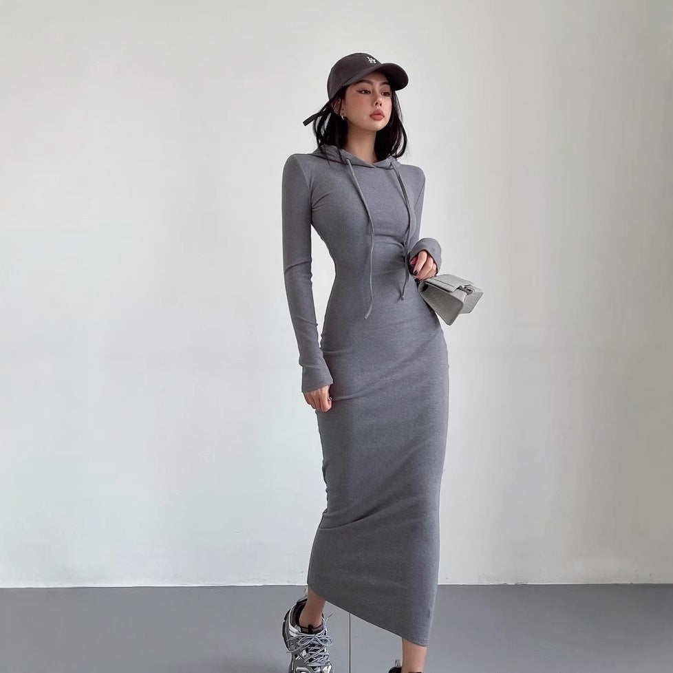 Women's Temperament Sheath Over The Knee Dress Hooded Long Sleeve Underwear Long Dress