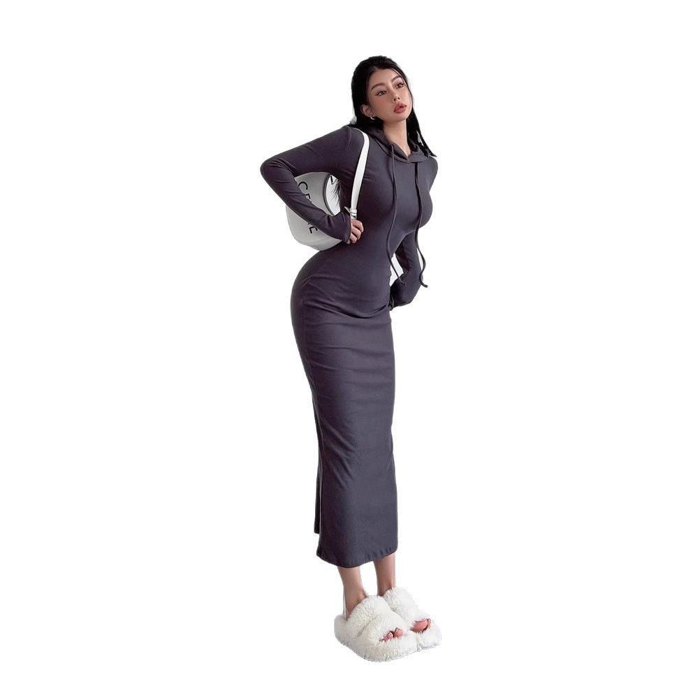 Women's Temperament Sheath Over The Knee Dress Hooded Long Sleeve Underwear Long Dress