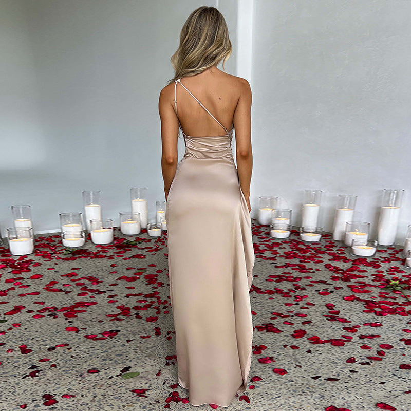 Sexy One-shoulder Backless Slit  Elegant Slim-fit Solid Color Satin