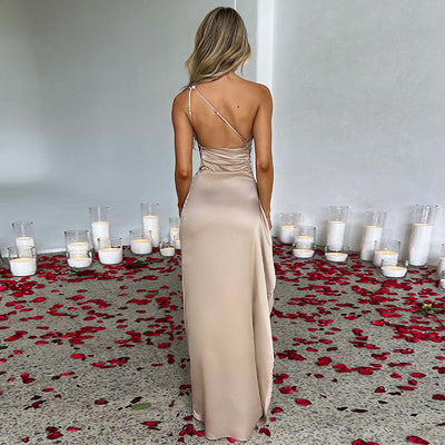 Sexy One-shoulder Backless Slit  Elegant Slim-fit Solid Color Satin