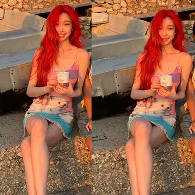 Sleeveless Sweet Kitten Print Casual Slim-fit Temperament Contrast Color Suspender Dress