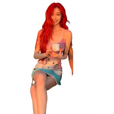 Sleeveless Sweet Kitten Print Casual Slim-fit Temperament Contrast Color Suspender Dress